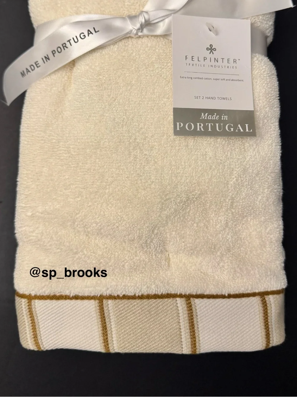 🎁2PC FELPINTER Hand Towel Set - Cream with Neutral Woven Striped Piping - Cotton